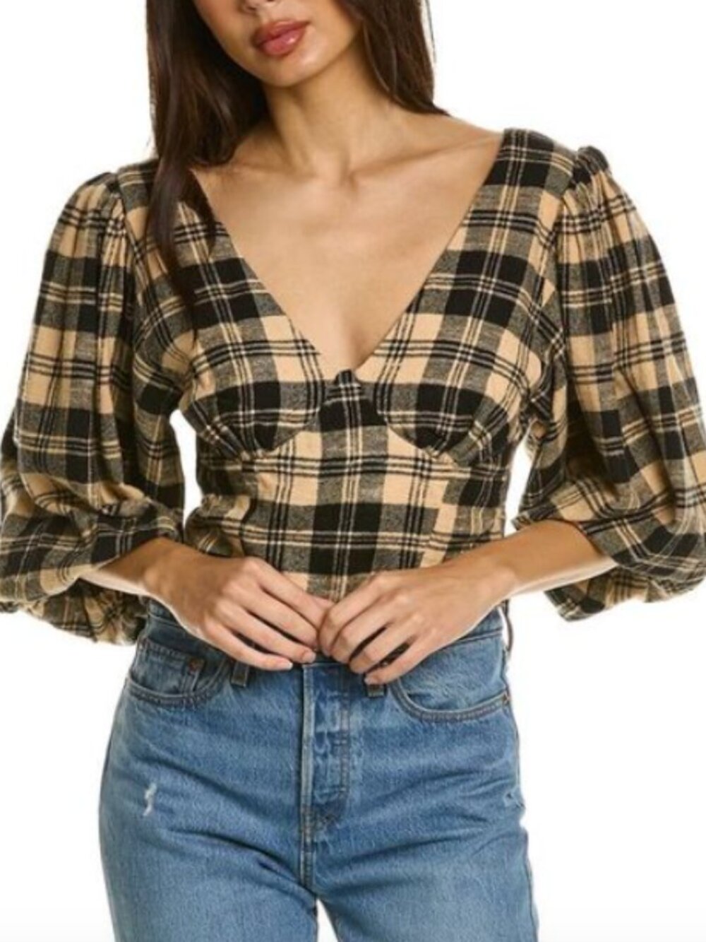 Chaser Black and Cream Plaid Flann Fitted Cropped V-Neck Top NWT